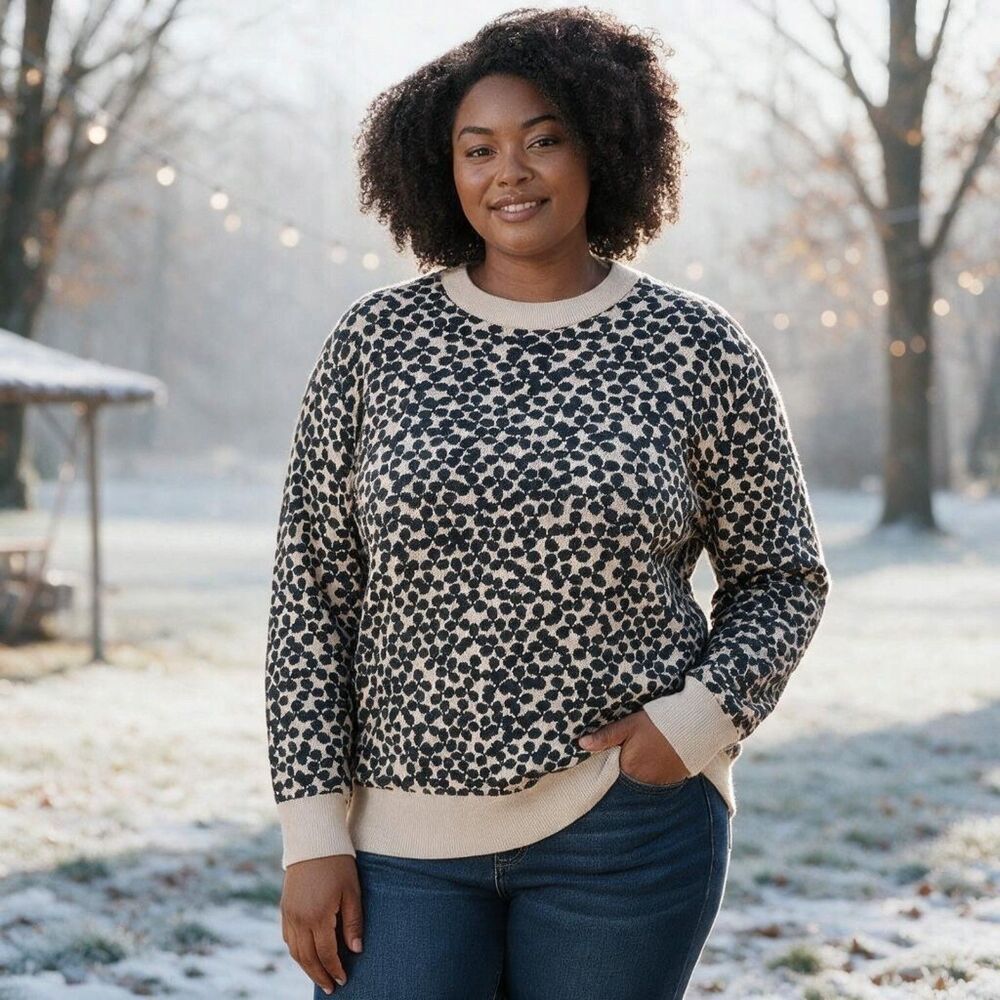 Daily Ritual Jacquard Spotted Sweater XL Black Tan Cheetah Print Crew Neck
